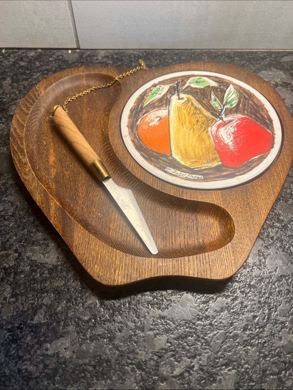 Vintage Wooden Cheese Serving Board with Fruit Tile and Knife - Brown